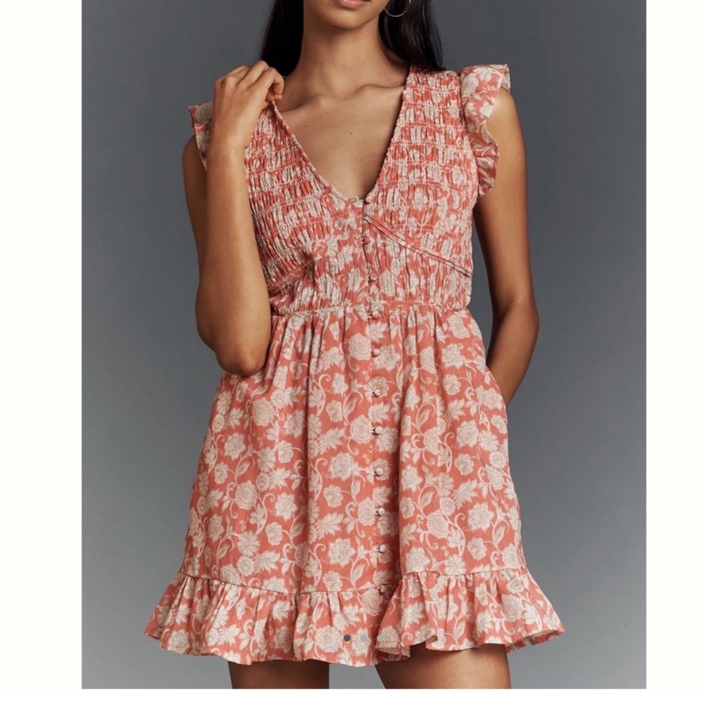 Anthropologie Peregrine Sleeveless V-Neck
Smocked Mini Dress 1X Coral NWT